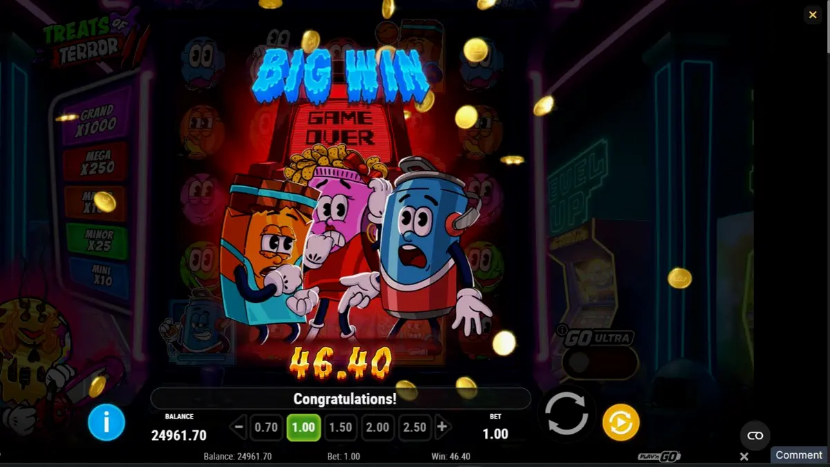 Tampilan visual neon arcade dari slot Treats of Terror 2 dengan simbol permen dan hantu.